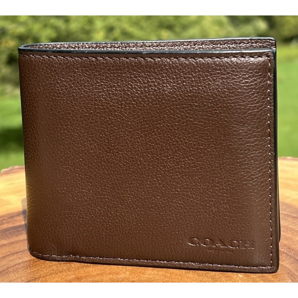 Coach Men's Dark Saddle Bifold Wallet Solid Logo Accent with Credit Card Slots